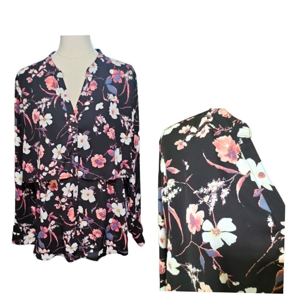(719) Valerie Stevens Multicolor Floral Print Long Sleeve Top Size XL